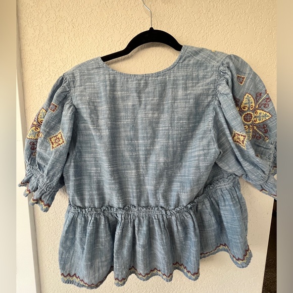 Free People Tallulah Embroidered Crop Peasant Top Blouse Blue M - Picture 7 of 11